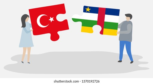 Couple holding two puzzles pieces with Turkish and Central African flags. Turkey and Central African Republic national symbols together.