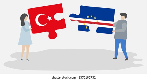 Couple holding two puzzles pieces with Turkish and Cabo Verdean flags. Turkey and Cape Verde national symbols together.