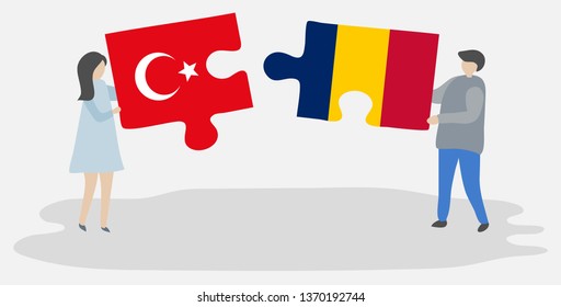 Couple holding two puzzles pieces with Turkish and Chadian flags. Turkey and Chad national symbols together.