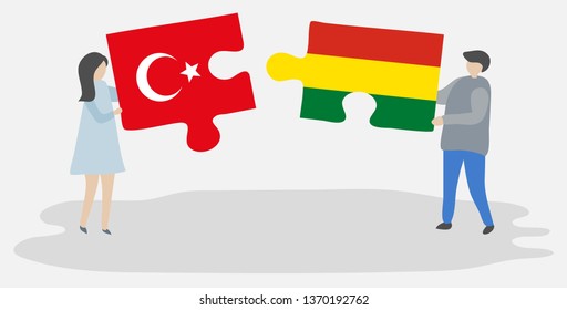 Couple holding two puzzles pieces with Turkish and Bolivian flags. Turkey and Bolivia national symbols together.