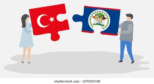 Couple holding two puzzles pieces with Turkish and Belizean flags. Turkey and Belize national symbols together.