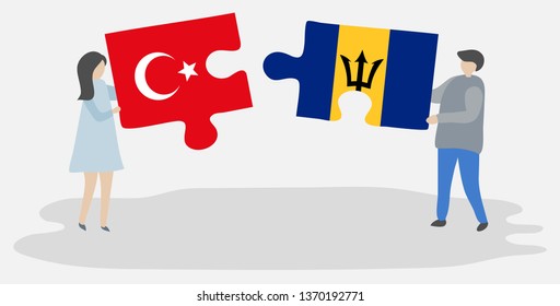 Couple holding two puzzles pieces with Turkish and Barbadian flags. Turkey and Barbados national symbols together.