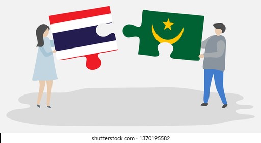 Couple holding two puzzles pieces with Thai and Mauritanian flags. Thailand and Mauritania national symbols together.