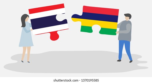 Couple holding two puzzles pieces with Thai and Mauritian flags. Thailand and Mauritius national symbols together.