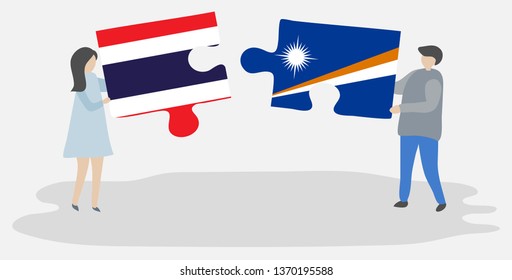 Couple holding two puzzles pieces with Thai and Marshallese flags. Thailand and Marshall Islands national symbols together.