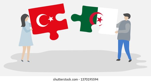 Couple holding two puzzles pieces with Turkish and Algerian flags. Turkey and Algeria national symbols together.