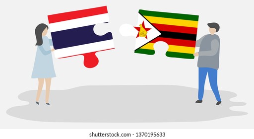 Couple holding two puzzles pieces with Thai and Zimbabwean flags. Thailand and Zimbabwe national symbols together.