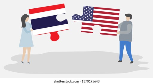 Couple holding two puzzles pieces with Thai and American flags. Thailand and United States of America national symbols together.
