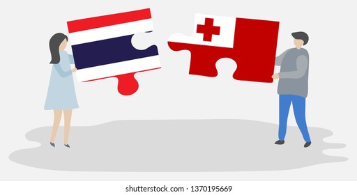 Couple holding two puzzles pieces with Thai and Tongan flags. Thailand and Tonga national symbols together.