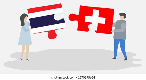 Couple holding two puzzles pieces with Thai and Swiss flags. Thailand and Switzerland national symbols together.