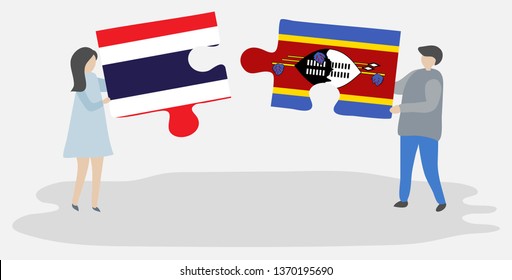 Couple holding two puzzles pieces with Thai and Swazi flags. Thailand and Swaziland national symbols together.