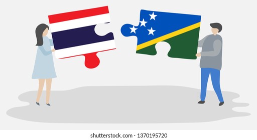 Couple holding two puzzles pieces with Thai and Solomon Island flags. Thailand and Solomon Islands national symbols together.