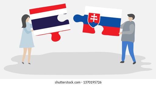 Couple holding two puzzles pieces with Thai and Slovak flags. Thailand and Slovakia national symbols together.
