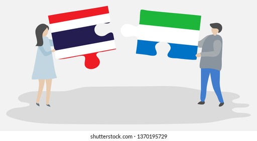 Couple holding two puzzles pieces with Thai and Sierra Leonean flags. Thailand and Sierra Leone national symbols together.
