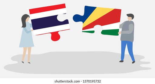 Couple holding two puzzles pieces with Thai and Seychellois flags. Thailand and Seychelles national symbols together.