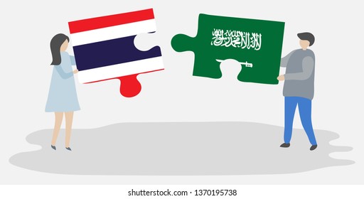 Couple holding two puzzles pieces with Thai and Saudi Arabian flags. Thailand and Saudi Arabia national symbols together.