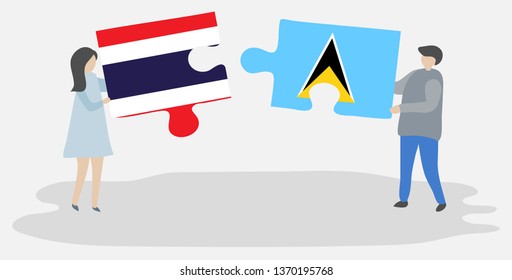 Couple holding two puzzles pieces with Thai and Saint Lucian flags. Thailand and Saint Lucia national symbols together.
