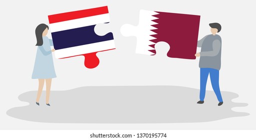 Couple holding two puzzles pieces with Thai and Qatari flags. Thailand and Qatar national symbols together.