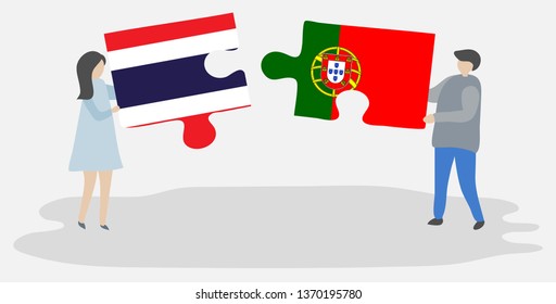 Couple holding two puzzles pieces with Thai and Portuguese flags. Thailand and Portugal national symbols together.
