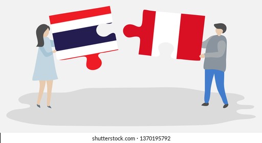 Couple holding two puzzles pieces with Thai and Peruvian flags. Thailand and Peru national symbols together.