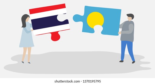Couple holding two puzzles pieces with Thai and Palauan flags. Thailand and Palau national symbols together.