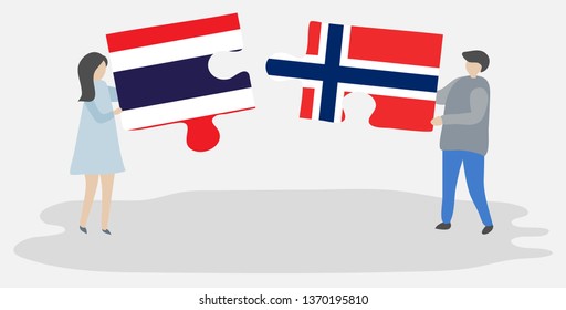 Couple holding two puzzles pieces with Thai and Norwegian flags. Thailand and Norway national symbols together.