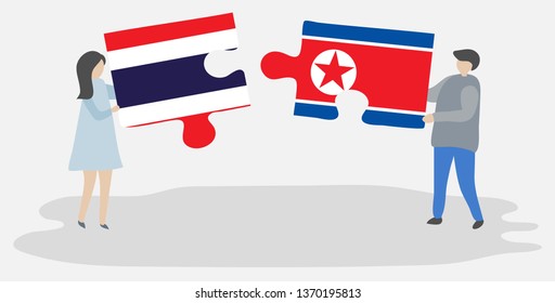 Couple holding two puzzles pieces with Thai and North Korean flags. Thailand and North Korea national symbols together.