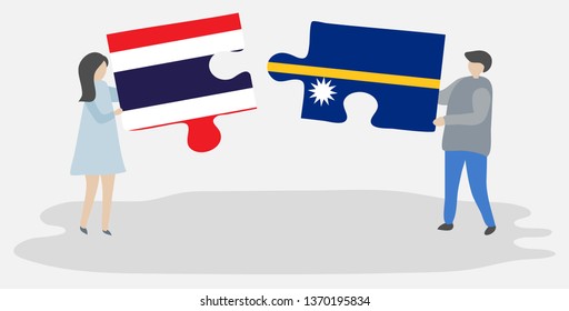 Couple holding two puzzles pieces with Thai and Nauruan flags. Thailand and Nauru national symbols together.