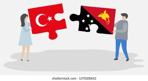 Couple holding two puzzles pieces with Turkish and Papuan flags. Turkey and Papua New Guinea national symbols together.