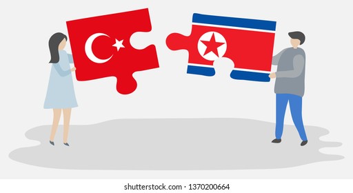 Couple holding two puzzles pieces with Turkish and North Korean flags. Turkey and North Korea national symbols together.