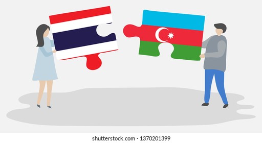 Couple holding two puzzles pieces with Thai and Azerbaijani flags. Thailand and Azerbaijan national symbols together.