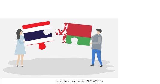 Couple holding two puzzles pieces with Thai and Belarusian flags. Thailand and Belarus national symbols together.