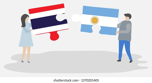 Couple holding two puzzles pieces with Thai and Argentine flags. Thailand and Argentina national symbols together.