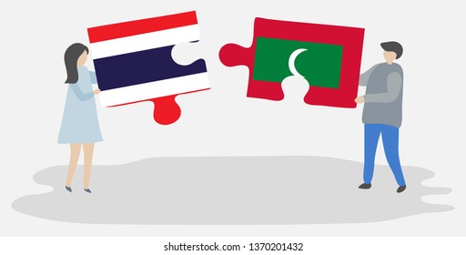 Couple holding two puzzles pieces with Thai and Maldivian flags. Thailand and Maldives national symbols together.