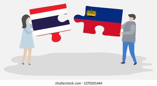Couple holding two puzzles pieces with Thai and Liechtenstein flags. Thailand and Liechtenstein national symbols together.