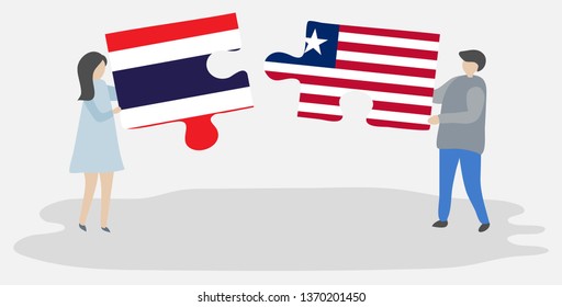 Couple holding two puzzles pieces with Thai and Liberian flags. Thailand and Liberia national symbols together.