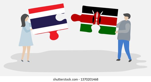 Couple holding two puzzles pieces with Thai and Kenyan flags. Thailand and Kenya national symbols together.