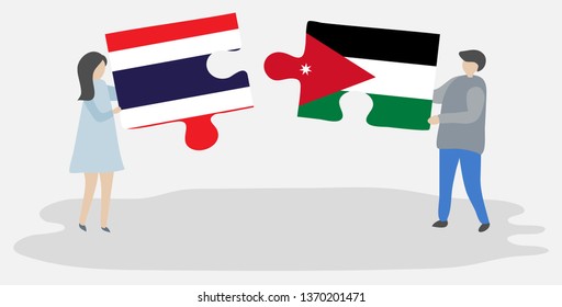 Couple holding two puzzles pieces with Thai and Jordanian flags. Thailand and Jordan national symbols together.