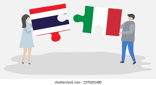 Couple holding two puzzles pieces with Thai and Italian flags. Thailand and Italy national symbols together.