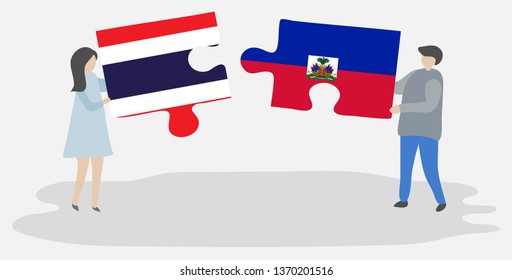 Couple holding two puzzles pieces with Thai and Haitian flags. Thailand and Haiti national symbols together.