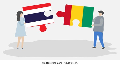 Couple holding two puzzles pieces with Thai and Guinean flags. Thailand and Guinea national symbols together.