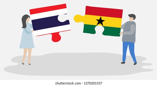 Couple holding two puzzles pieces with Thai and Ghanaian flags. Thailand and Ghana national symbols together.