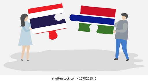 Couple holding two puzzles pieces with Thai and Gambian flags. Thailand and Gambia national symbols together.