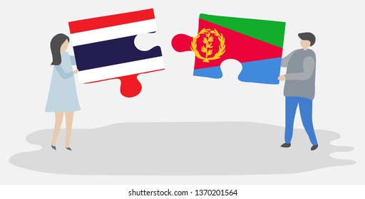 Couple holding two puzzles pieces with Thai and Eritrean flags. Thailand and Eritrea national symbols together.