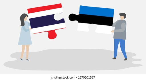 Couple holding two puzzles pieces with Thai and Estonian flags. Thailand and Estonia national symbols together.