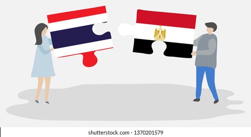Couple holding two puzzles pieces with Thai and Egyptian flags. Thailand and Egypt national symbols together.