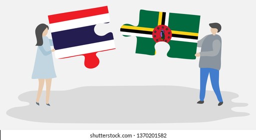 Couple holding two puzzles pieces with Thai and Dominican flags. Thailand and Dominica national symbols together.