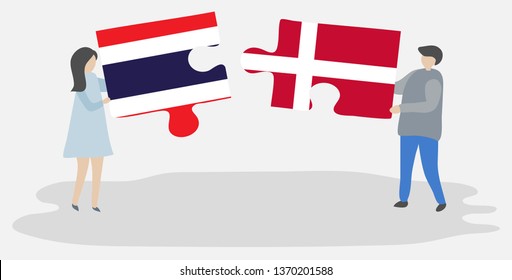 Couple holding two puzzles pieces with Thai and Danish flags. Thailand and Denmark national symbols together.