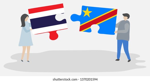 Couple holding two puzzles pieces with Thai and Congolese flags. Thailand and Democratic Republic of the Congo national symbols together.