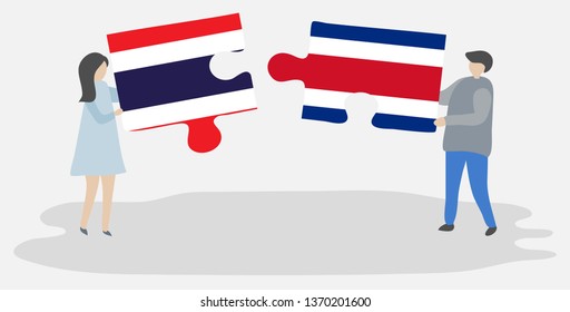 Couple holding two puzzles pieces with Thai and Costa Rican flags. Thailand and Costa Rica national symbols together.